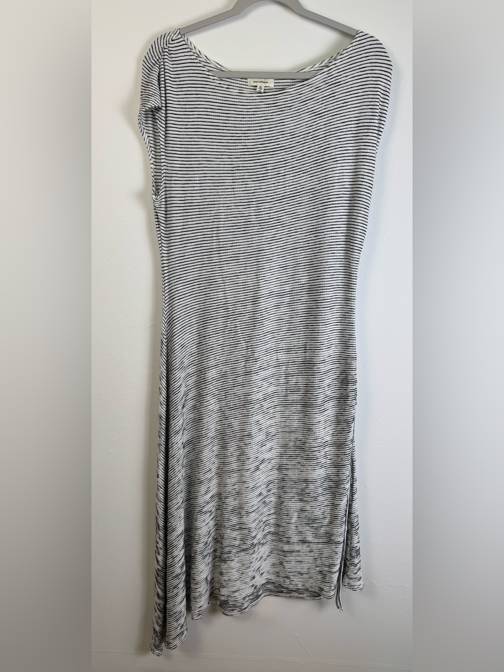 Max Studio XL Black White Striped Asymmetrical Hem Knit Dress Rayon Blend Travel
